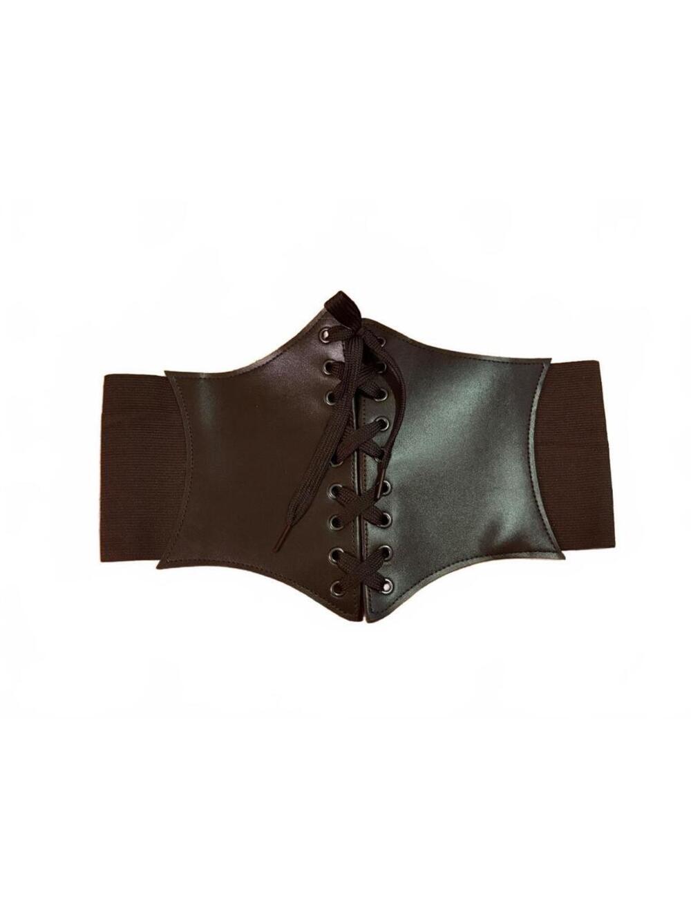 Brown Faux Leather Corset Waist Belt with Lace-Up Front
